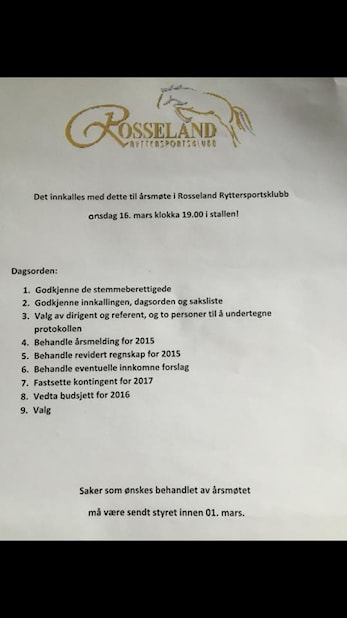 OBS- Årsmøtet avholdes på stallen på Rosseland gård :)